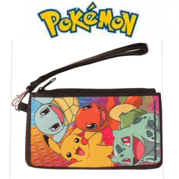 Pokemon Handbags - POKEMON Pikachu/Kanto Starter Team Multi Color Canvas Zip Wristlet size NWT